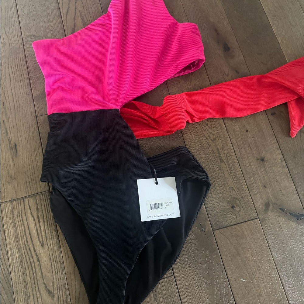 Pink and Black One-Shoulder Swimsuit